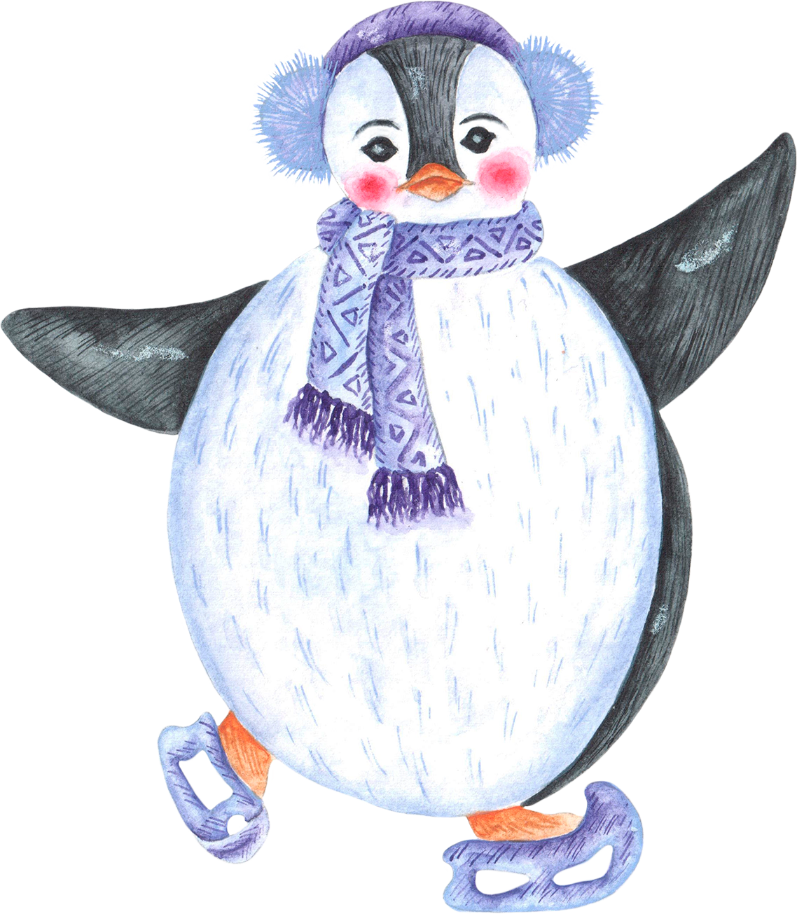 Penguin ice skating watercolor illustration. Christmas. Winter sport.